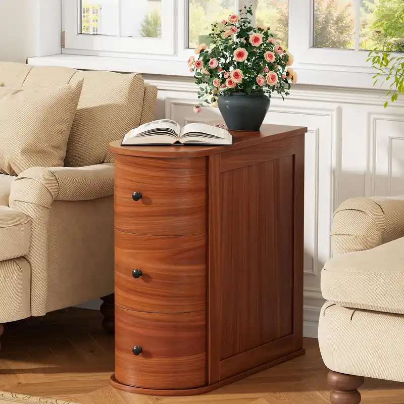 Mid-Century Modern Nightstand, Wood Night Stand with 3 Storage Drawers, Curved Bedside Table for Small Spaces, Bedroom, Living Room, Walnut