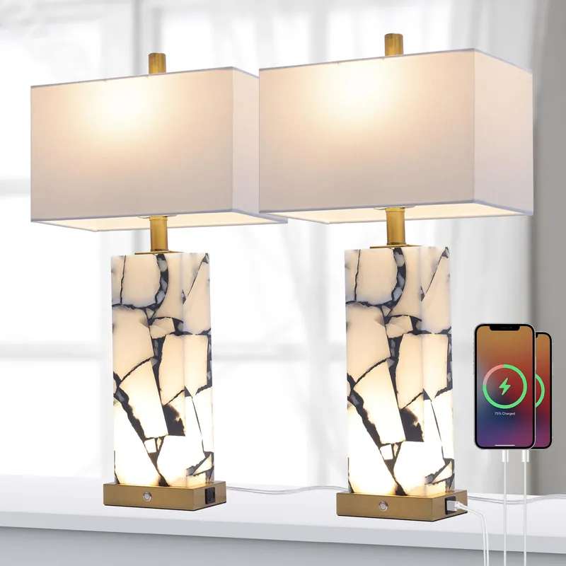 Natural Marble Table Lamps Set of 2 3-Color Temperatures Alabaster Lamp with Nightlight, Bedside lamps with USB Ports, Bedroom Lamps for Night Stands End Table lamps for Living Room, Bulbs Included