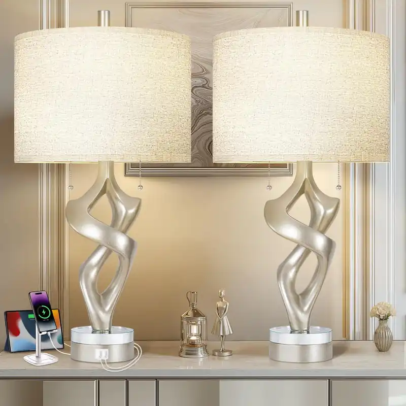 Scenekoy Sculptural Resin Table Lamp Set of 2 with USB Ports for Bedroom Living Room, 26” Antique Silver Leaf Dual Pull Chains Bedside Lamps, Nightstand Lamp for Home Room Decor (Bulbs Included)