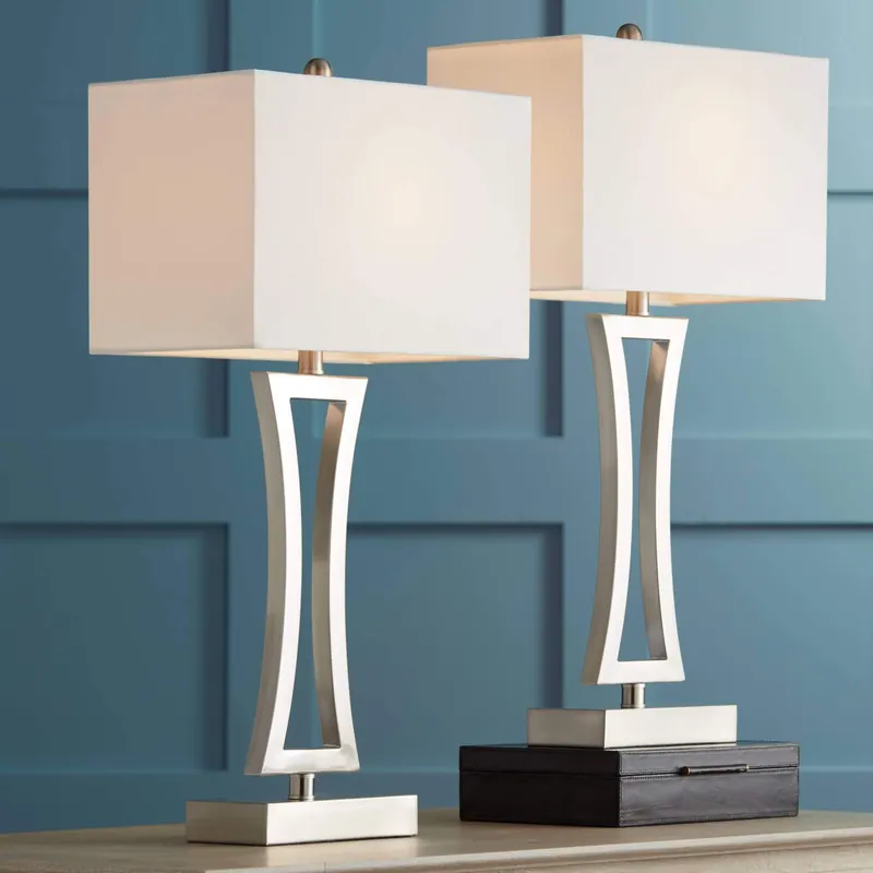 360 Lighting Roxie Modern 3-Way Table Lamps 31" Tall Set of 2 with Dimmers Brushed Nickel Off White Fabric Rectangular Shade for Bedroom Living Room House Bedside Nightstand Home