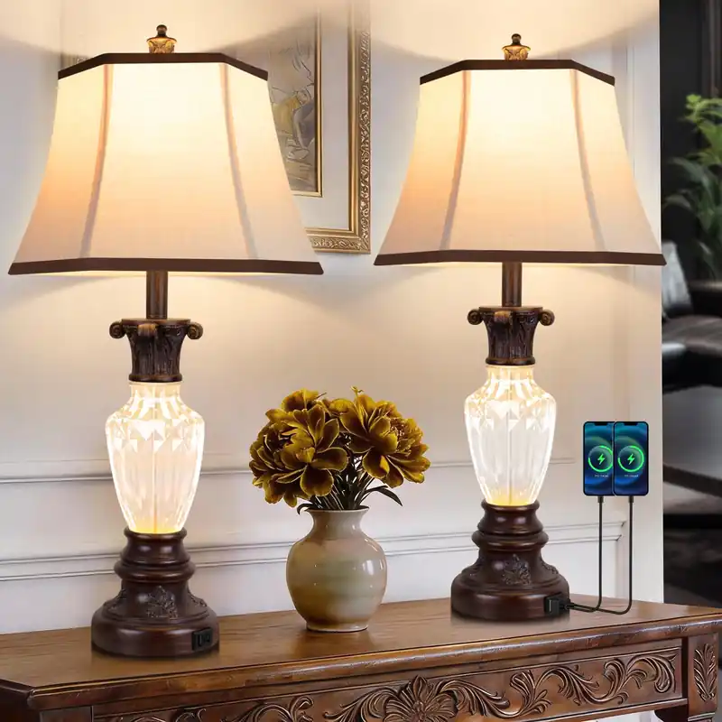 28.5" Table Lamps Set of 2, Nightstand Lamps with USB Ports, Farmhouse Lamps for Living Room Bedroom, 3-Color Temperatures Bedside Lamp, Vintage Resin Brown lamp with Nightlight, Bulbs Included