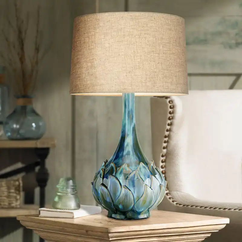 Possini Euro Design Kenya Modern Tropical Table Lamp with USB Dimmer 29 1/2" Tall Blue Green Glaze Ceramic Beige Linen Drum Shade for Bedroom Living Room House Home Bedside Nightstand Office Family