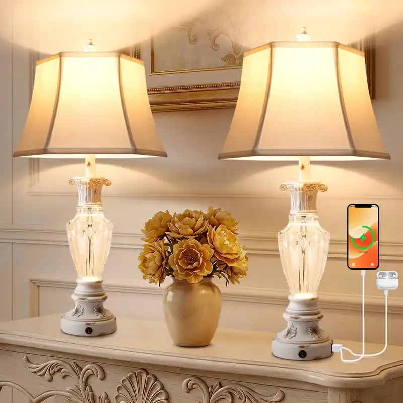28.5" Table Lamps Set of 2, Nightstand Lamps with USB Ports, Farmhouse Lamps for Living Room Bedroom, 3-Color Temperatures Bedside Lamp, Vintage Resin White lamp with Nightlight, Bulbs Included