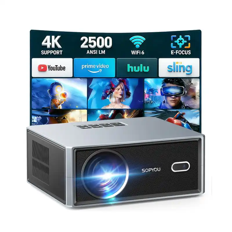 [Short Throw/2500 ANSI/E-Focus] SOPYOU 4K Decoding Projector with WiFi and Bluetooth, Outdoor Movie Projectors, Max 450" Display Home Theater, Portable Smart Proyector for iOS/Android/TV Stick/PS5
