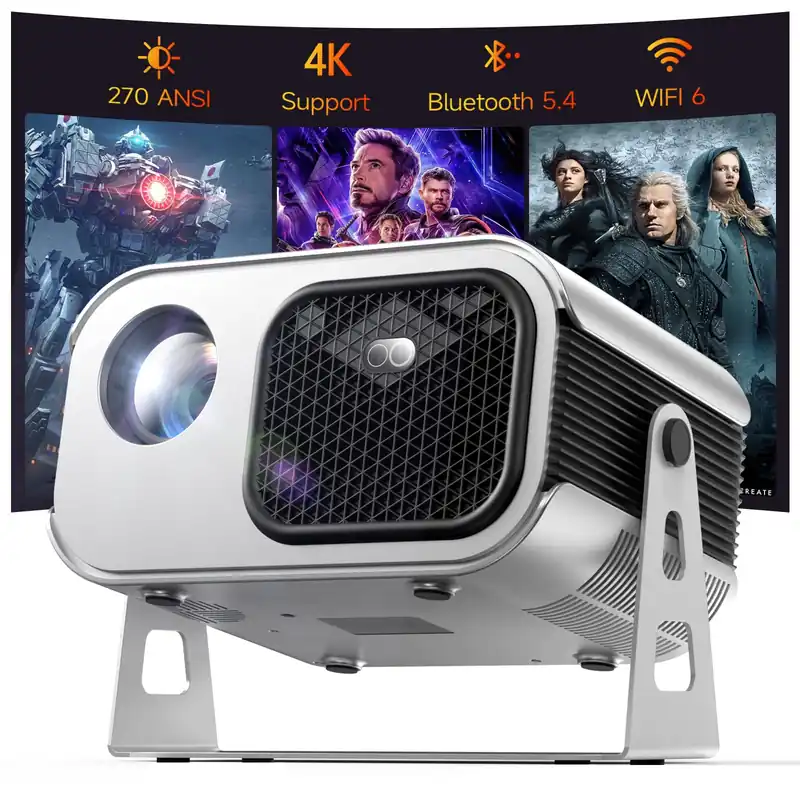 [100% Offset & 360° Stand] 4K Support Projector with WiFi 6 and Bluetooth 5.4, Antmap Outdoor Movie Projector with 12W Immersive Speaker, Home Theater Proyector Compatible with Phone/TV Stick/PC/PS5