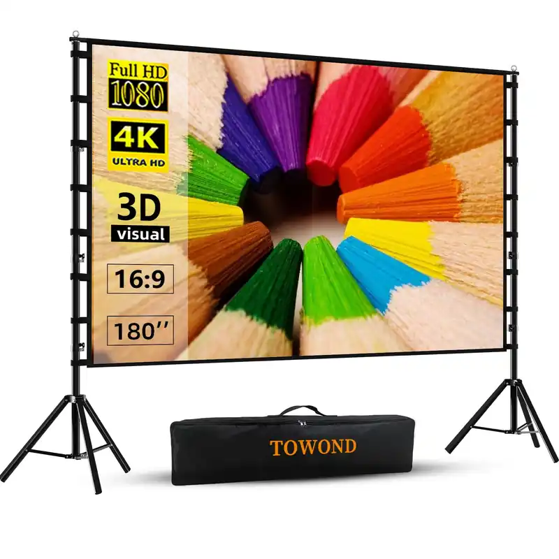 TOWOND Projector Screen and Stand, 180 inch Outdoor Projector Screen 15 FT Large Projection Screen, Portable 16 9 4K HD Rear Front Movie Screen with Carry Bag Wrinkle-Free Design for Backyard Theater