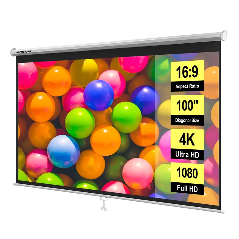 VIVOHOME 100 Inch 16 9 Pull Down Projector Screen, HD 4K Retractable Movie Screen for Indoor Home Theater and Office, Manual Projection Screen with Auto Locking (87W x 49H Inch Display Area)