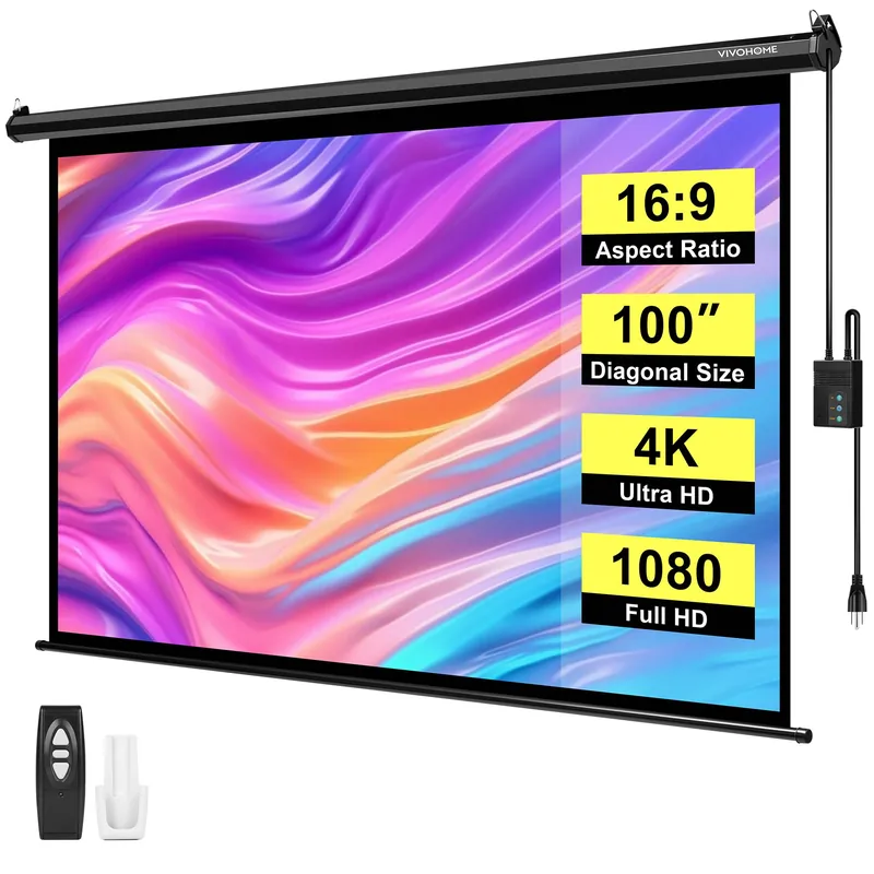 VIVOHOME Motorized Projector Screen with Remote, 16 9 100 Inch Auto Electric Projection Screen, HD 4K Movie Screen for Home Theater, Cinema, Office (87 x 49 Black)