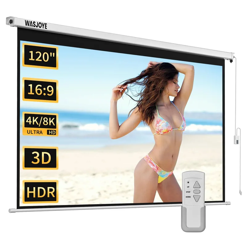 WASJOYE Motorised Projector Screen 120" - 16 9 Electric Projector Screen Wall/Ceiling Mount with Remote Control - 8K HD Projection Screen Dual Side Power Supply for Home Theater Office TV Game