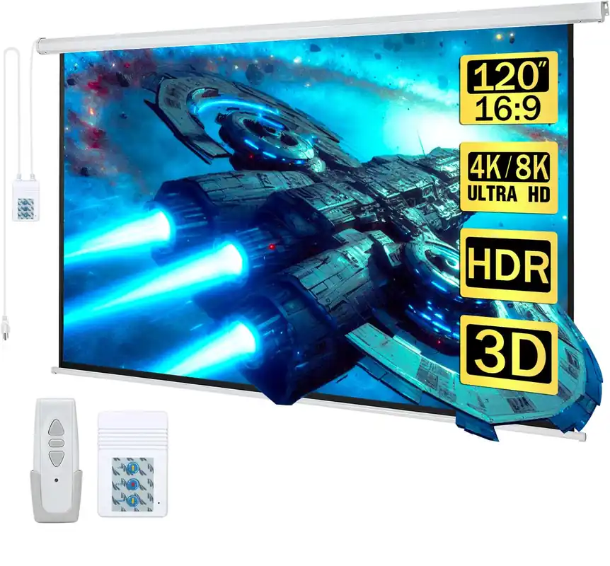 Kayle 120" Motorized Projector Screen Electric Diagonal Automatic Projection 16 9 HD Movies Screen for Home Theater Presentation Education Outdoor Indoor W/Wireless Remote, Wall/Ceiling Mount (White)