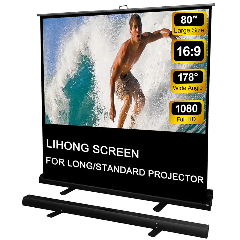 LIHONG Screen 80 inch 16 9 Manual Floor Rising Pull Up Projector Screen Portable Indoor & Outdoor 4K HD Matte White for Long Standard Projection Fast Setup for Home Theater Movies,Classroom,Office