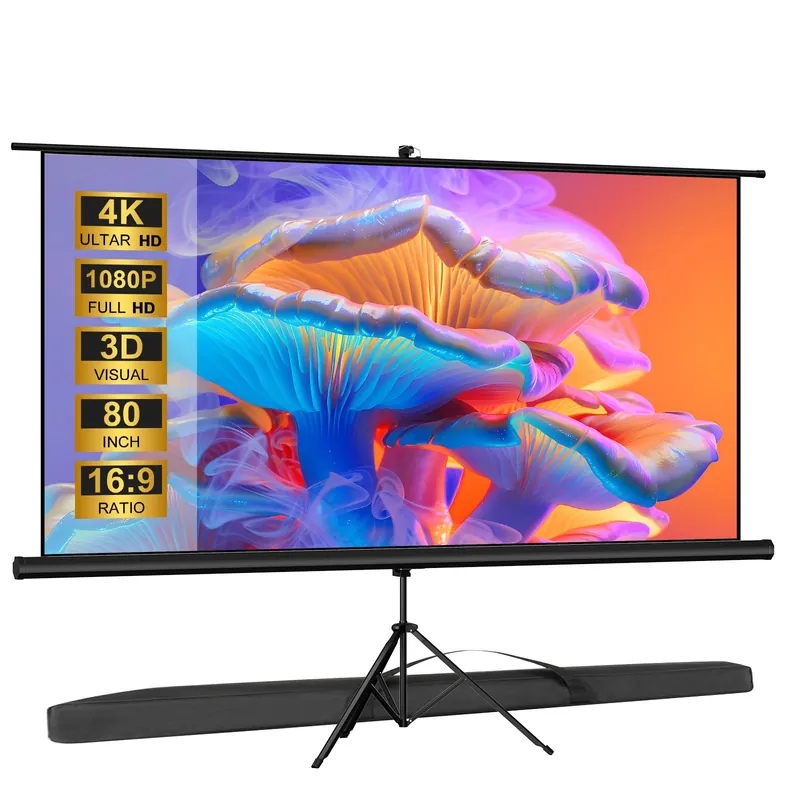 Outdoor Projector Screen with Stand Tripod, Indoor Pull Up Portable Projector Screen, 80 INCH 16 9 Adjustable Projection Screen with Carry Bag for Home Theater Backyard Party Movie Nights