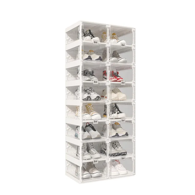 ANTBOX Foldable Shoe Rack,Shoe Organizers for Closet Plastic Shoe Storage Box Space Saving for Entryway, Large Sturdy Stackable Sneaker Cabinet Bins with Magnetic Clear Door 8 Tiers 16 Pairs