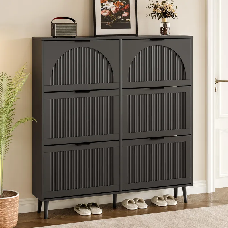 BORNOON Shoe Cabinet for Entryway with 6 Flip Drawers, Slim Wooden Shoe Storage Organizer with Modern Fluted Pannel,Freestanding Narrow Hidden Shoe Rack for Hallway, Foyer, Living Room