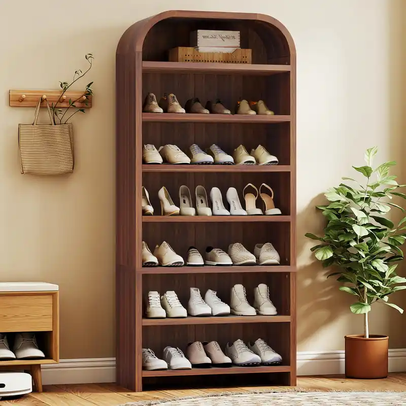 weselon 70" Tall Arched Shoe Cabinet for Entryway, 7-Tier Large Capacity Shoe Storage Organizer for 28 Pairs, Freestanding Wooden Rack with Adjustable Shelves for Boots, Sneakers & Heels (Walnut)