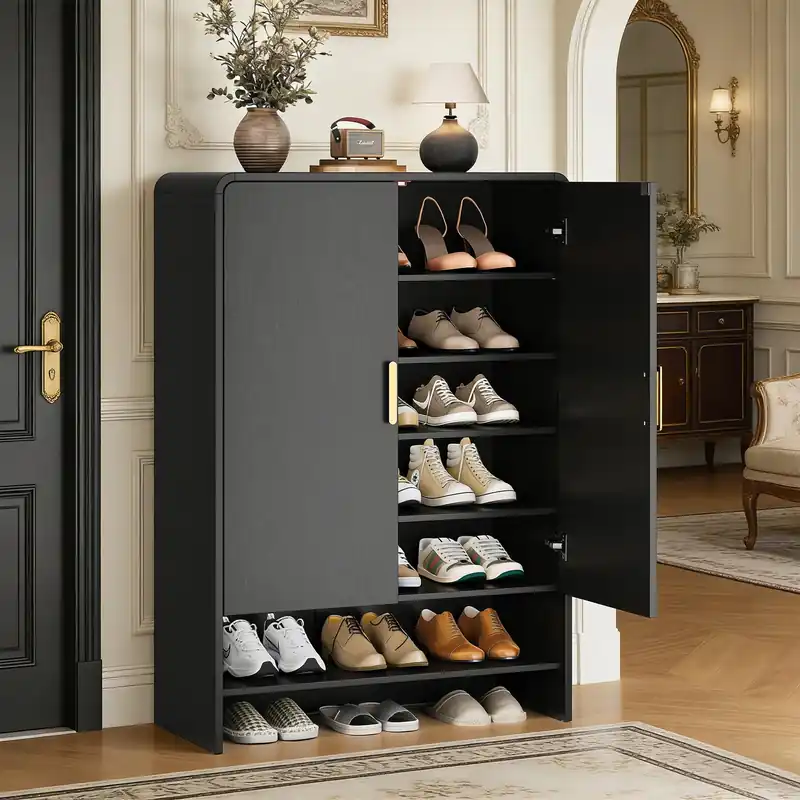 45‘‘ Shoe Storage Cabinet, 6-Tier Tall Shoe Rack Holds Up to 30 Pairs, Wood Entryway Organizer Cabinet with Curved Design, Adjustable Shelves for Front Door, Hallway (Black)