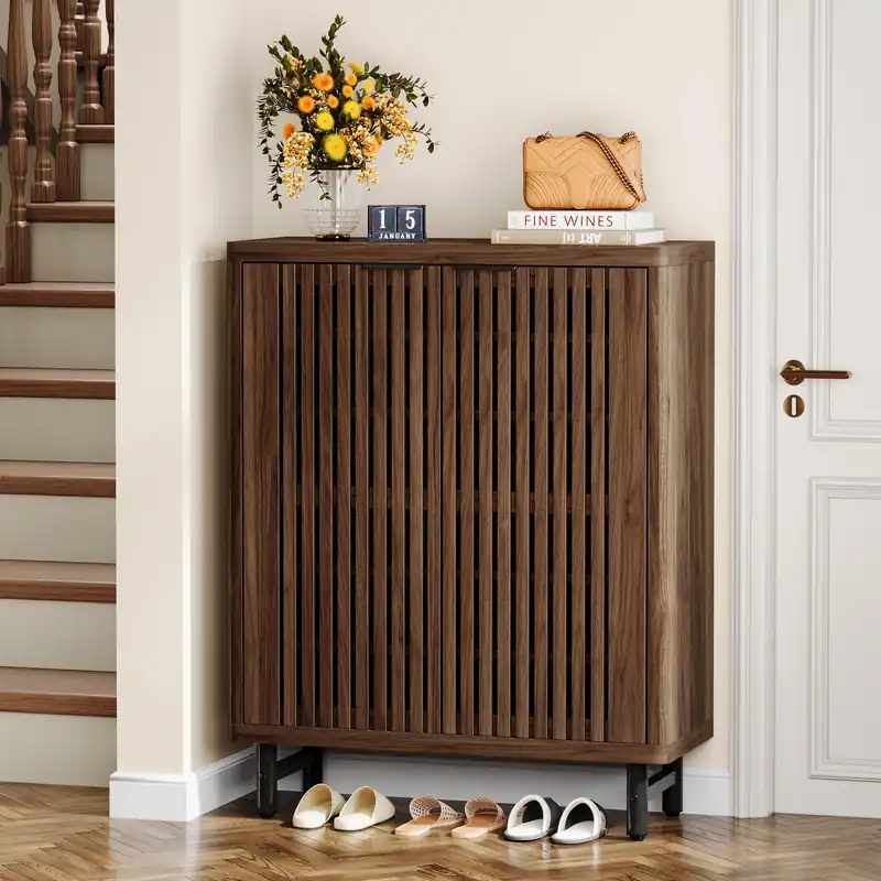 Tribesigns 6-Tier Farmhouse Shoe Cabinet with Shutter Doors, Wooden Shoe Organizer Rack with Adjustable Shelves, Modern Large Hidden Storage Furniture for Entryway, Hallway (Dark Black&Brown)