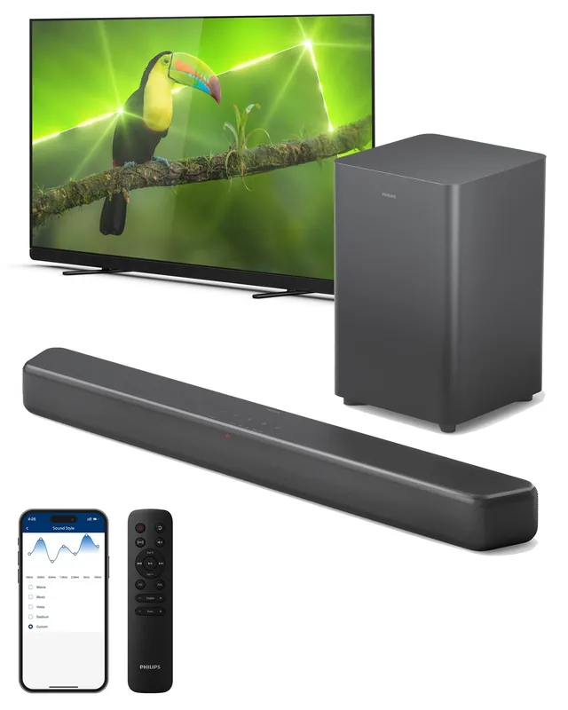 Philips B5309 2.1 Channel Soundbar with Wireless Subwoofer - Bluetooth, HDMI ARC, DTS Virtual X, 240W Max Power, Dark Grey