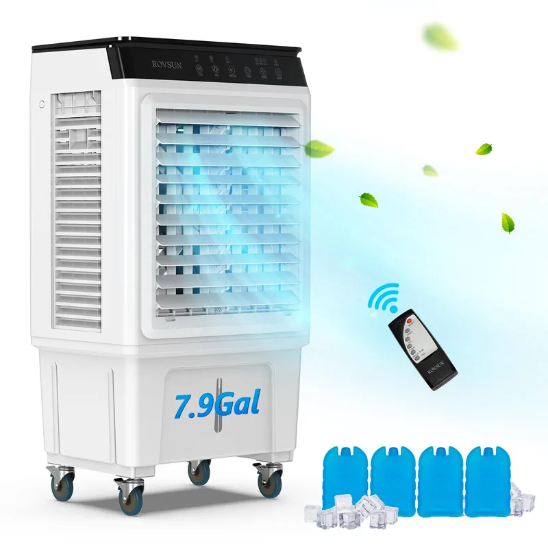 ROVSUN 7.9Gal Portable Swamp Cooler, 2300CFM Evaporative Air Cooler with Auto Oscillating, Remote, 3 Speeds, 12H Timer & 4 Ice Packs, 3-IN-1 Humidifying Cooling Fan Indooor Outdoor Patio Garage