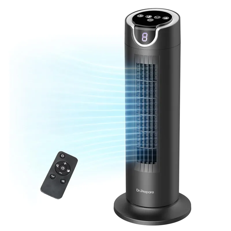 DR.PREPARE Tower Fan for Bedroom, 25 dB Quiet DC Bladeless Fan with Remote, 8 Speeds, 1-8H Timer, 80° Oscillating Fans for Indoors, 16 Inch Portable Desk Table Fans for Room, Home, Office