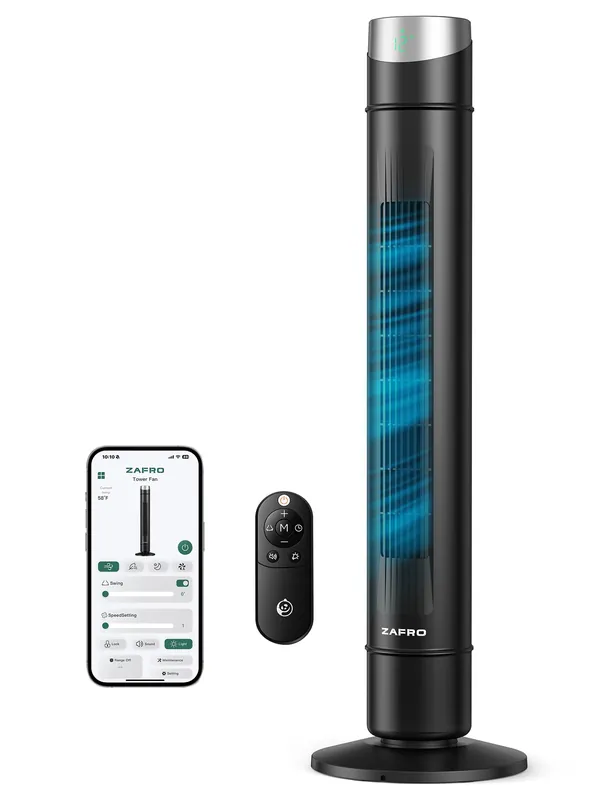 ZAFRO Smart Tower Fan for Bedroom,120° Oscillating Tower Fan,28ft/s High-Speed 12 Speeds 4 Modes,Upgraded DC 22dB Ultra Quiet,App/Voice Control,Standing Fan with 12H Timer,42Inch,Black