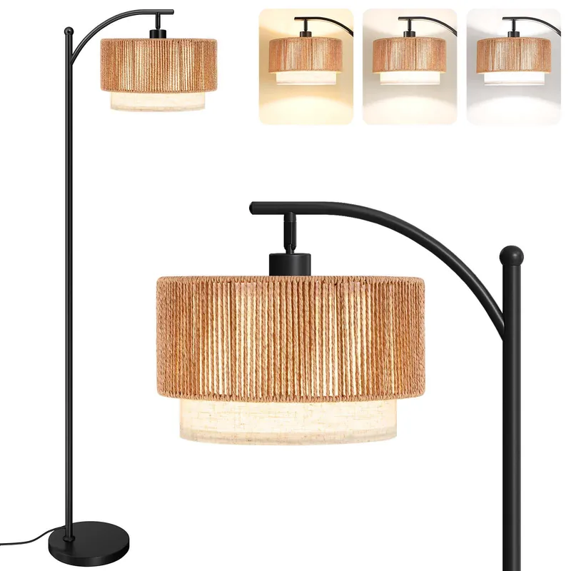 SUNMORY Floor Lamps for Living Room with 12W LED Bulb, Arc Floor Lamp with 3 Color Temperatures, Farmhouse Floor Lamps with Adjustable Rattan & Fabric Shades, Boho Standing Lamp for Bedroom, Corner