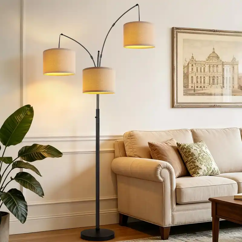 Dimmable 3 Lights Floor Lamp - 3000LM Super Bright Arc Floor Lamps for Living Room, Modern Tall Standing Lamp With Beige Shades, Mid Century Tree Floor Lamp for Bedroom Office, 3 LED Bulbs Included
