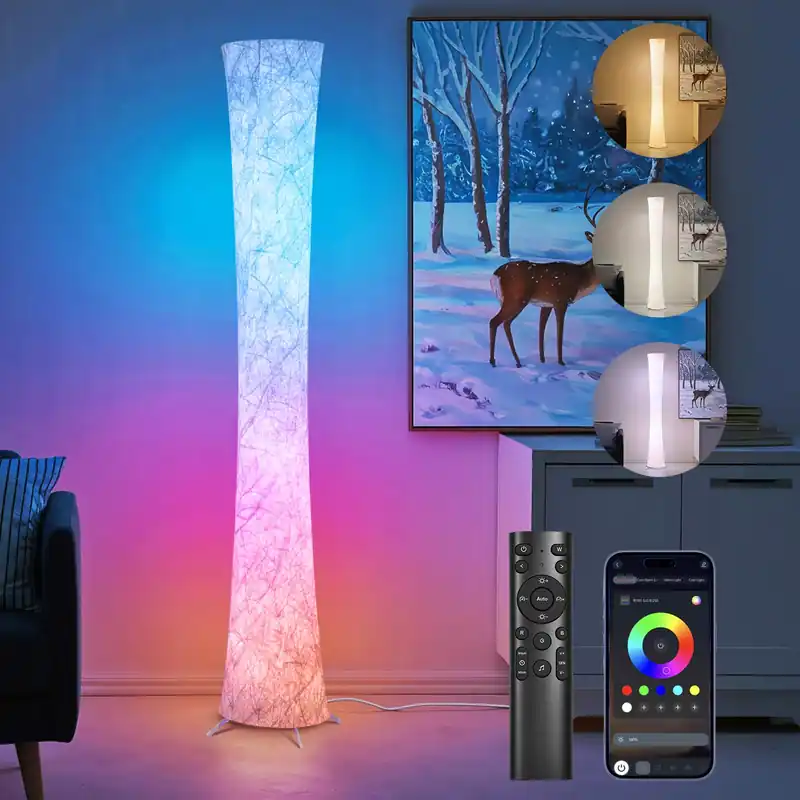 WORLD WIN Floor Lamp, 61‘‘ Smart RGB LED Corner Lamp with Music Sync and 16 Million DIY Colors, 3 Color Temperature, APP & Remote Control, Color Changing Standing Floor Lamp for Bedroom Living Room
