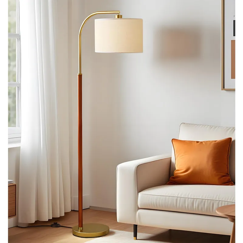 FINNCHY 66” Walnut Gold Floor Lamp for Living Room, 1200 Lumens 3-Level Brightness Arc Floor Lamp for Bedroom, Wood Vintage Mid Century Modern Standing Lamp, Adjustable Lampshade, LED Bulb Included
