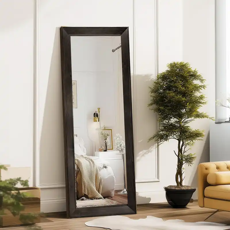 ABSWHLM Full Length Mirror 58"x22" - Beveled Edge Rustic Black Dressing Mirror, Solid Wood Frame, Wall Mounted or Leaning for Bedroom, Entryway, Living Room