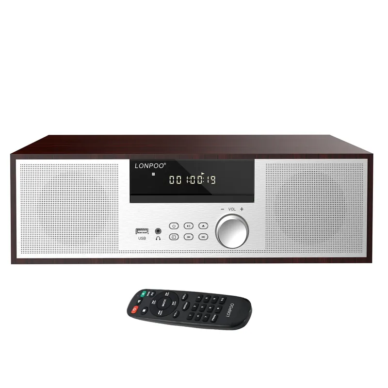 LONPOO Stereo Shelf System for Home, Vintage CD Player 40W RMS Micro Mini System with Remote Control, Bluetooth, FM Radio, USB MP3 Playback & Aux-in,Silver