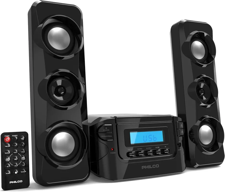 Philco Stereo Shelf Systems Compact CD Shelf System with Digital FM Stereo Radio, Bluetooth Wireless Technology, and Remote Control in Black LCD Display MP3 & AUX Port Compatible USB Playback