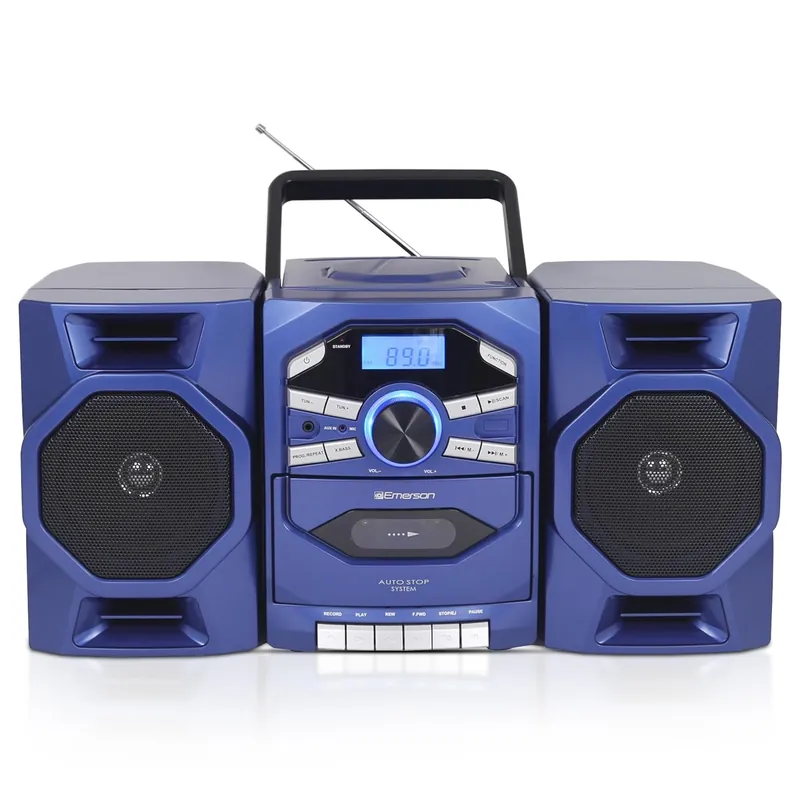 Emerson Portable CD Player Boombox with Cassette Player, Tape Recorder, AM/FM Radio, MP3 AUX Input, Detachable Speakers, AC/DC & Battery Operated – Stereo System for Home, Travel, Indoor & Outdoor Use