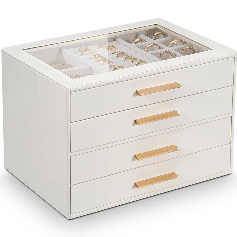 GUOER Jewelry Box for Women 4 Layers, Glass Lid Jewelry Organizer with 4 Drawers Cloud White PU Jewelry Storage Case for Necklaces Rings Earrings Bracelets Mother‘s Day
