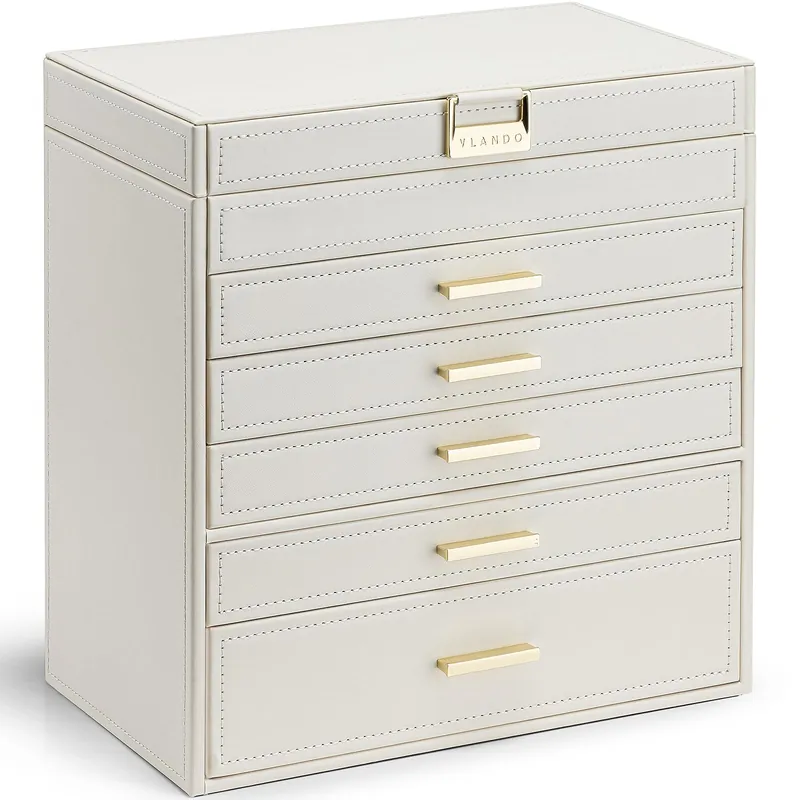 VLANDO 6 Layer Large Jewelry Box - Jewelry Holder Organizer, Jewelry Box Organizer for Drawer Necklace Ring Bracelet and Watch, Birthday Gift for Loved Ones - Beige