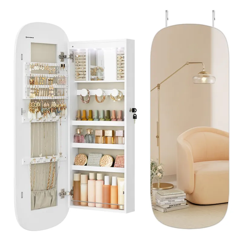 SONGMICS Jewelry Organizer, LED Jewelry Cabinet Wall/Door Mounted, Lockable Rounded Wide Mirror with Storage, Interior Mirror, 3.9 x 16.5 x 42.5 Inches, White Surface with Greige Lining