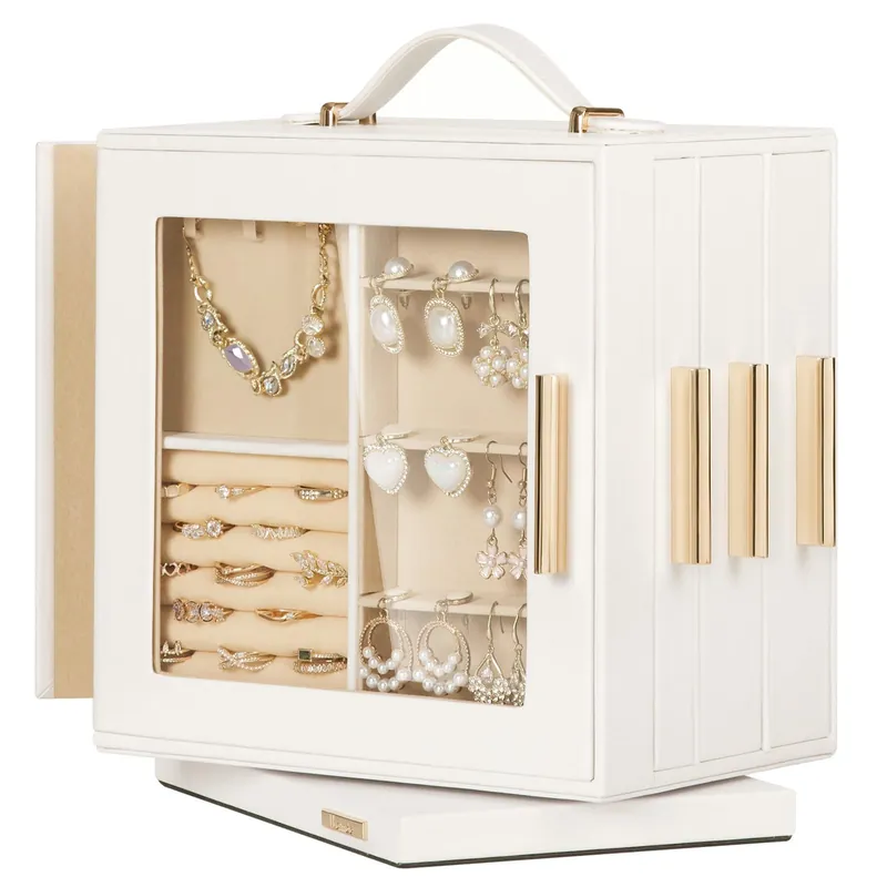 Homde Mothers Day Gifts Jewelry Box 360° Rotating, Necklace Earring Organizer with Transparent Window, Mirror, 7 Drawers, Large Ring Display Storage Case for Girls Women (White)