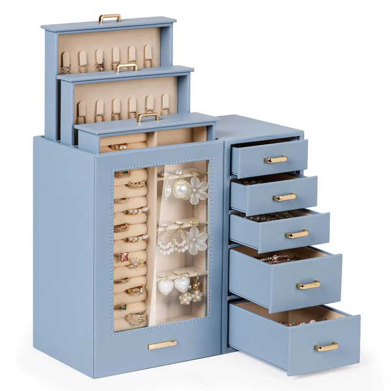 Homde Jewelry Organizer large for Dresser Big Jewelry Box for Women - Holder with Drawers - Elegent Necklace Earring Ring Display Modern Gift (Grey Blue)
