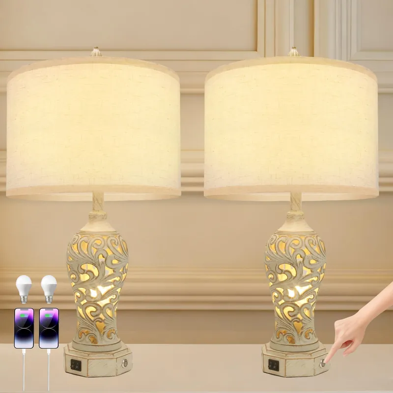 26.3’’ Dimmable Table Lamp, 3 Color Temperatures, Stepless Dimming, Hollow Out Resin Bedroom Lamps with USB Ports, Rustic Lamps Set of 2, Wash White Farmhouse Lamps for Living Room(Bulbs Included)
