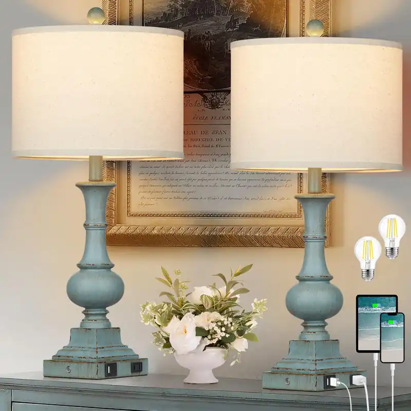 Farmhouse Table Lamps Set of 2, 26" Vintage Rustic Touch Control 3-Way Dimmable Bedside Lamp with USB A+C Ports & AC Outlet, Blue Nightstand Lamp for Living Room Bedroom End Table(LED Bulbs Included)