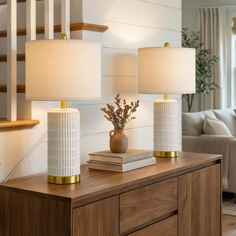 PoKat Small Bedside Table Lamps Set of 2 for Bedroom Living Room, 21.5‘‘ Modern Ceramic Nightstand Lamps with Gold Base, Farmhouse Table Lamps for Office End Side Table Console, White and Beige