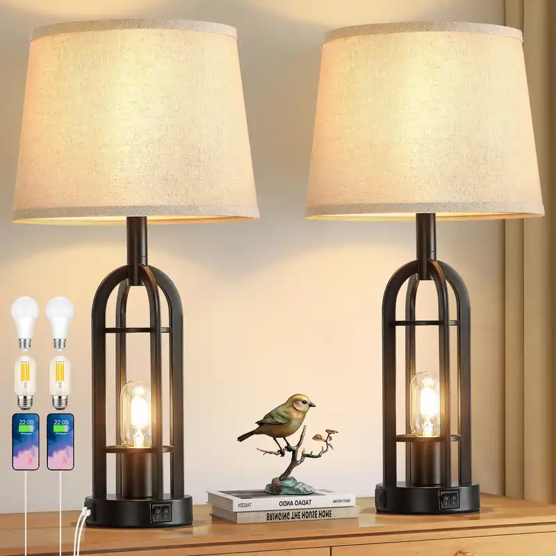 SRJJA Black Table Lamps for Living Room Set of 2 - Farmhouse Lamps for Night Stands with USB A+C, Bedside Lamps for Bedroom, 24‘‘ Industrial Lamp for Living Room End Tables