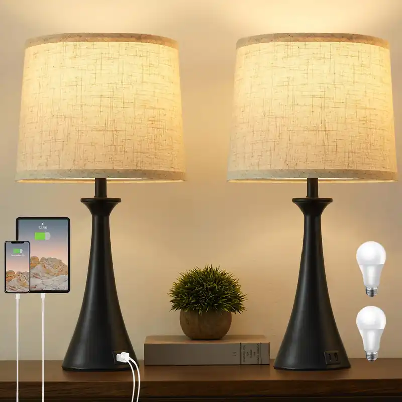 Hikczc Touch Lamp for Living Room Bedroom, 21" Table Lamps Set of 2 with USB C+A Ports, Touch Bedside Lamps for Nightstand with 3 Way Dimmable, 2 LED Bulbs Included, Black