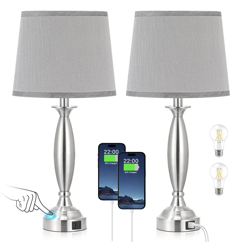 Seealle Touch Bedside Lamps for Nightstand Set of 2 - Bedroom Lamps with USB C+A, 3 Way Dimmable Nightstand Lamps, Brushed Nickel Table Lamps for Living Room (Bulbs Included)