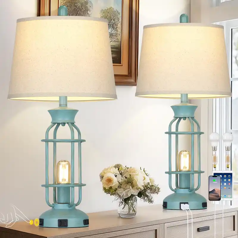 28" Tall Farmhouse Table lamps for Living Room, Vintage Industrial Table Lamp with USB C+A Ports & Outlet, Rustic Bedside Lamps with 2 Nightlight & Linen Fabric Shade for Nightstand Bedrooms Desk Blue