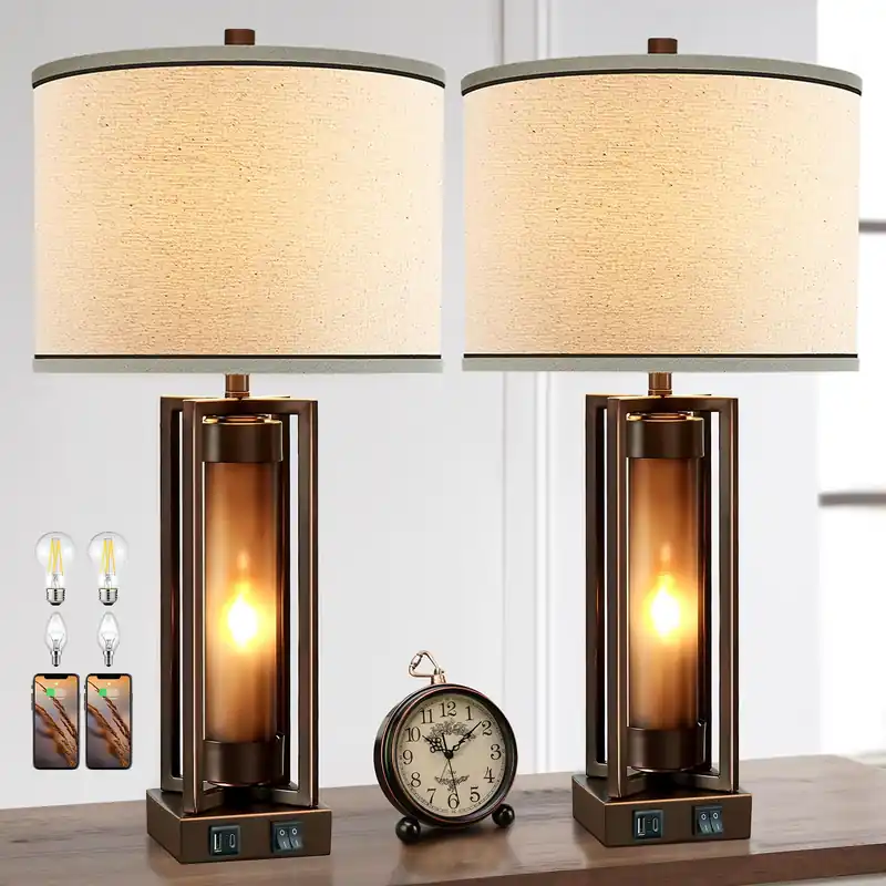 RORIANO Rustic Table Lamps for Living Room Set of 2 with USB C+A Ports, Farmhouse Vintage Nightstand Lamp with Amber Night Light, Retro Desk Lamp for Bedroom, 4 Bulbs Included (Brown)