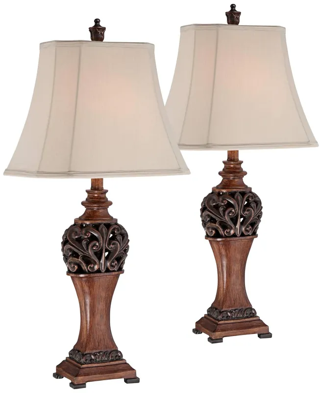 Regency Hill Exeter Traditional Style Table Lamps 30" Tall Full Size Set of 2 Bronze Wood Carved Leaf Creme Rectangular Bell Shade Cottage Core Decor for Living Room Bedroom House Bedside Nightstand