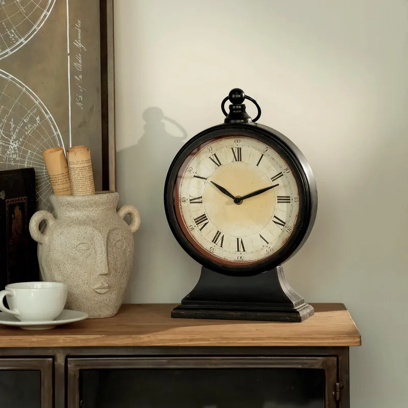 NIKKY HOME Vintage Black Mantel Clocks for Fireplace, Silent Non-Ticking Battery Operated Large Table Desk Shelf Metal Clock for Living Room Decor