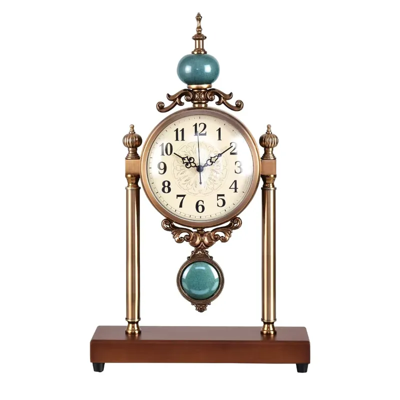 xiaojuande Vintage Fireplace Mantel Clock – Silent Retro Desk Clock for Living Room, Walnut Base with Metal Surface Antique Shelf Pendulum Clock, Home Decor