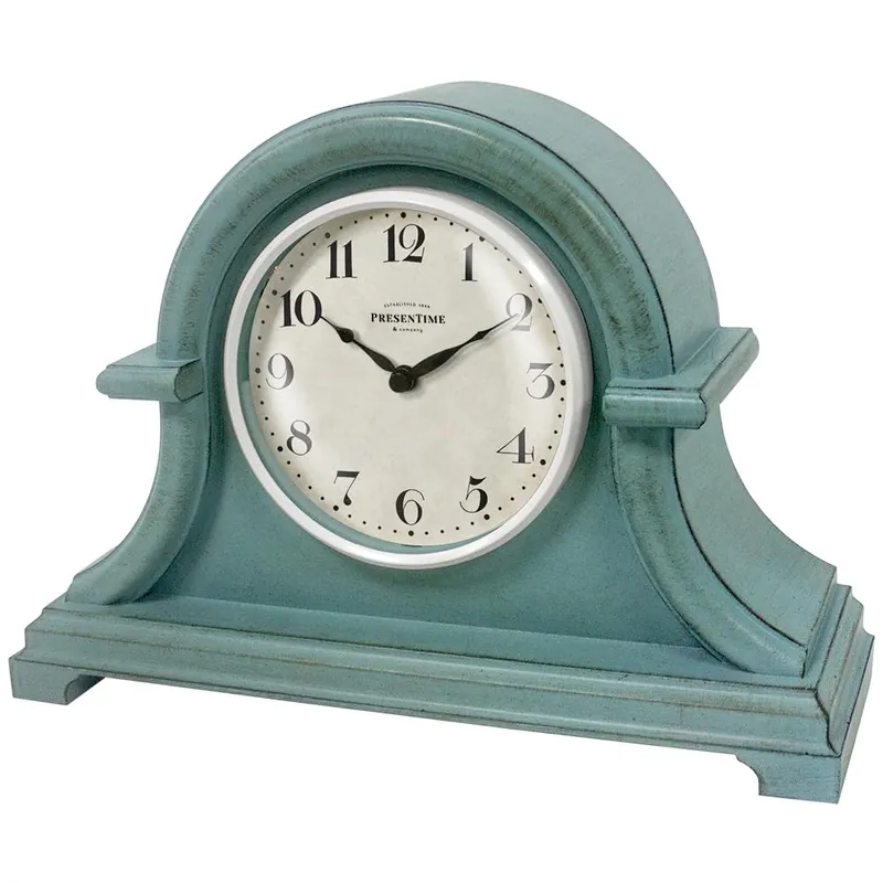Presentime & Co. Mantel Clock Vintage Farmhouse Series, Napoleon Desk & Shelf Clock, 13 x 10 inch, Domed Lens, Quartz Movement, ABS Plastic Case, Aged Teal Finish (Home/Tabletop Decoration)